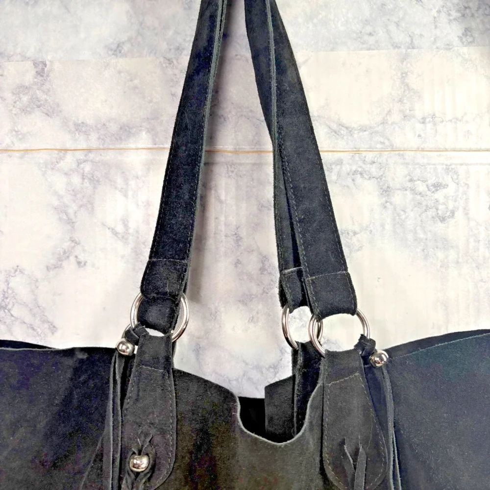 RAZ Women's 100% Genuine Letaher Purse Fringe Detail Black Boho Tote Soft Slouch